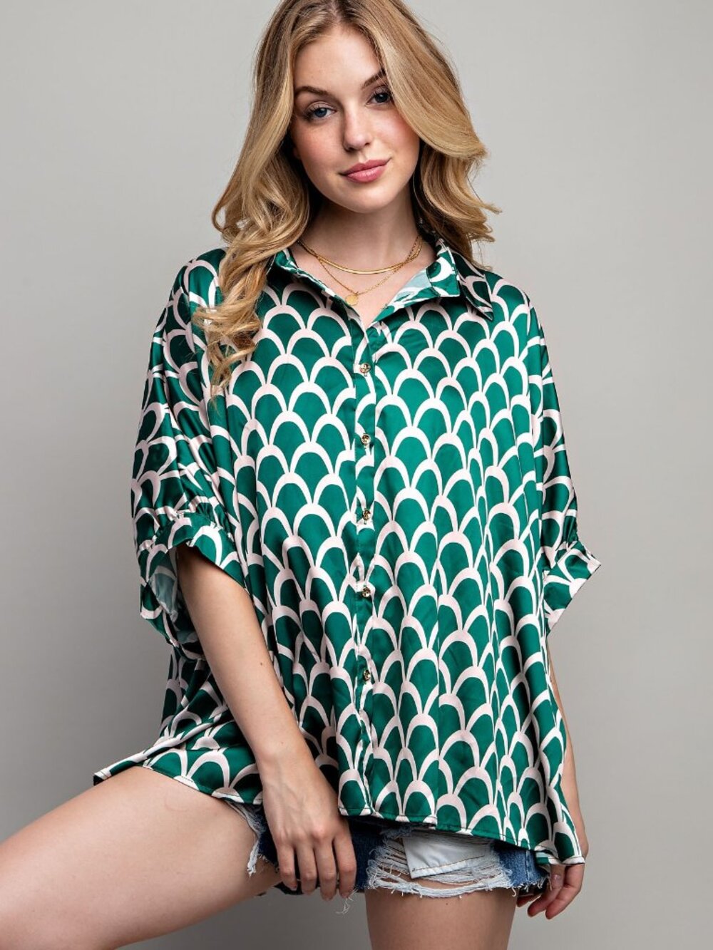 248. Kelly Green Light Satin Print Button Down Shirt